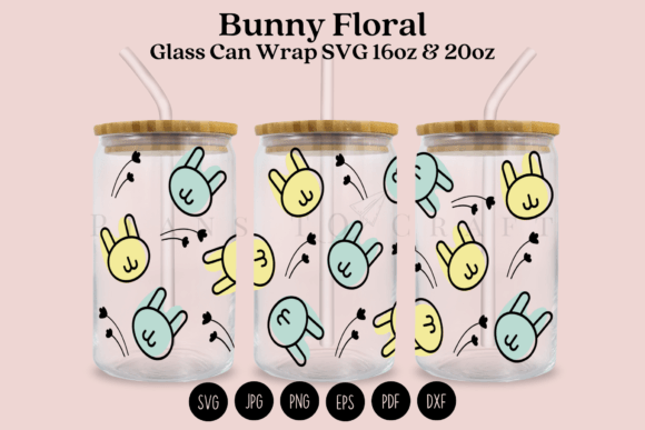 Bunny Floral Libbey Glass Can Wrap SVG