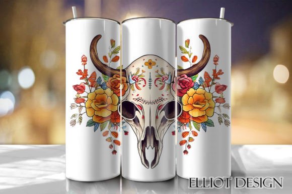 Floral Boho Cow Skull Tumbler PNG