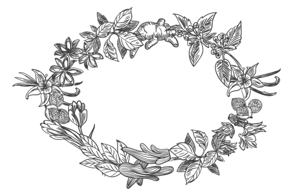 Floral Wreath Drawing. Round Botanical F