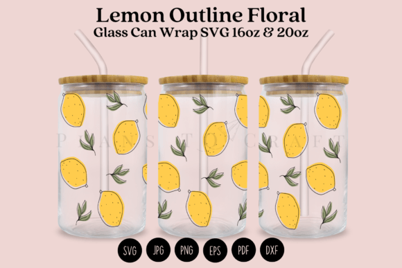 Lemon Outline Floral Glass Can Wrap SVG