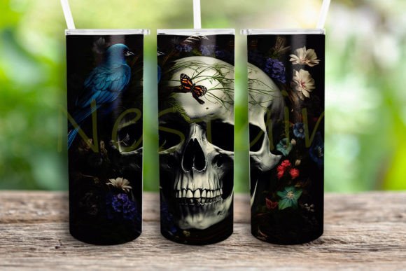 Skull with Floral and Bird Skinny Wrap